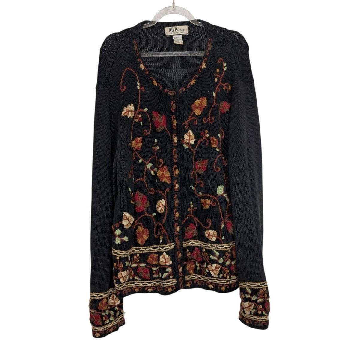 Vintage All Points Embroidered Cardigan Womens Size XL Black