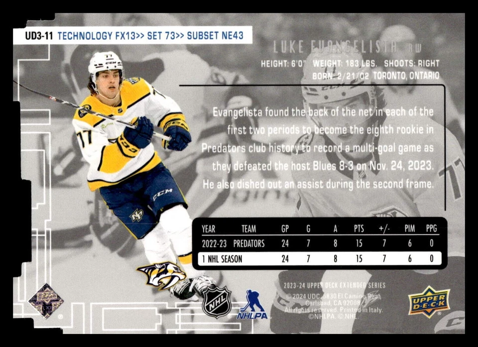 2023-24 Upper Deck Extended Series - 1998-99 UD3 #UD3-11 Luke Evangelista (RC) - Image 2 of 2