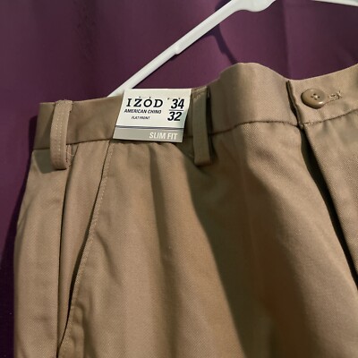 IZOD Men's American Chino Flat Front Slim Fit Pant, English Khaki