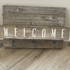 Wood Welcome Wall Sign With Hooks Coat Hanger Rack 15" x 10"