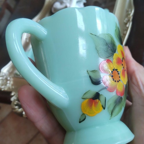 Mosser Glass Jadeite Jade Green Flower Painted Creamer Sugar Tray Set - Picture 11 of 18