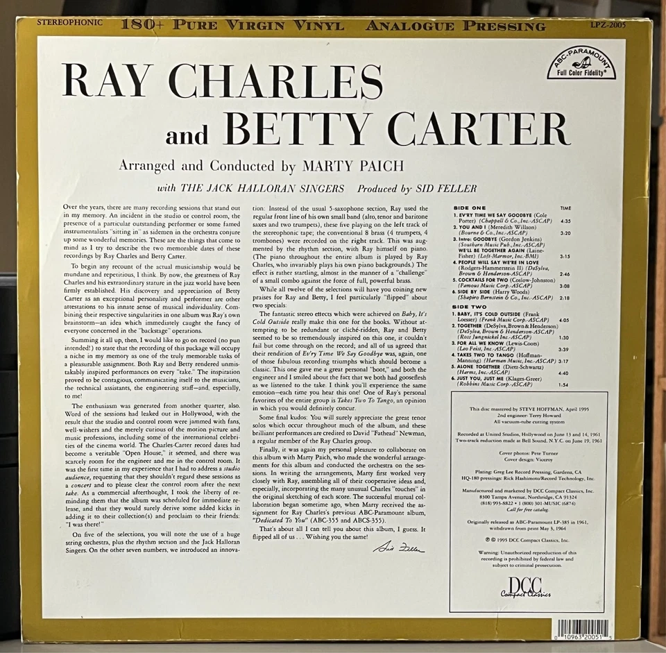 Ray Charles & Betty Carter 180 gm DCC Compact Classics LP • ultrasonically clnd - Image 2 of 4