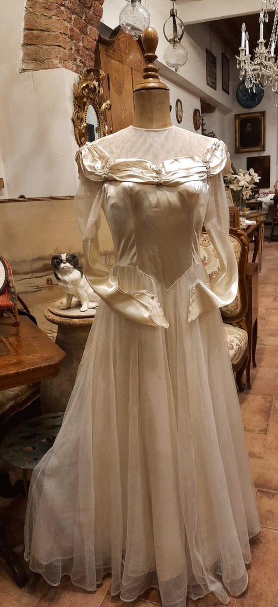 Antico Vintage Abito Sposa Anni 50 In Raso E Tulle E Perline