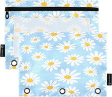 Blue Cute Daisy Binder Pencil Pouch 3 Ring,Zipper Pencil Case with Clear Window