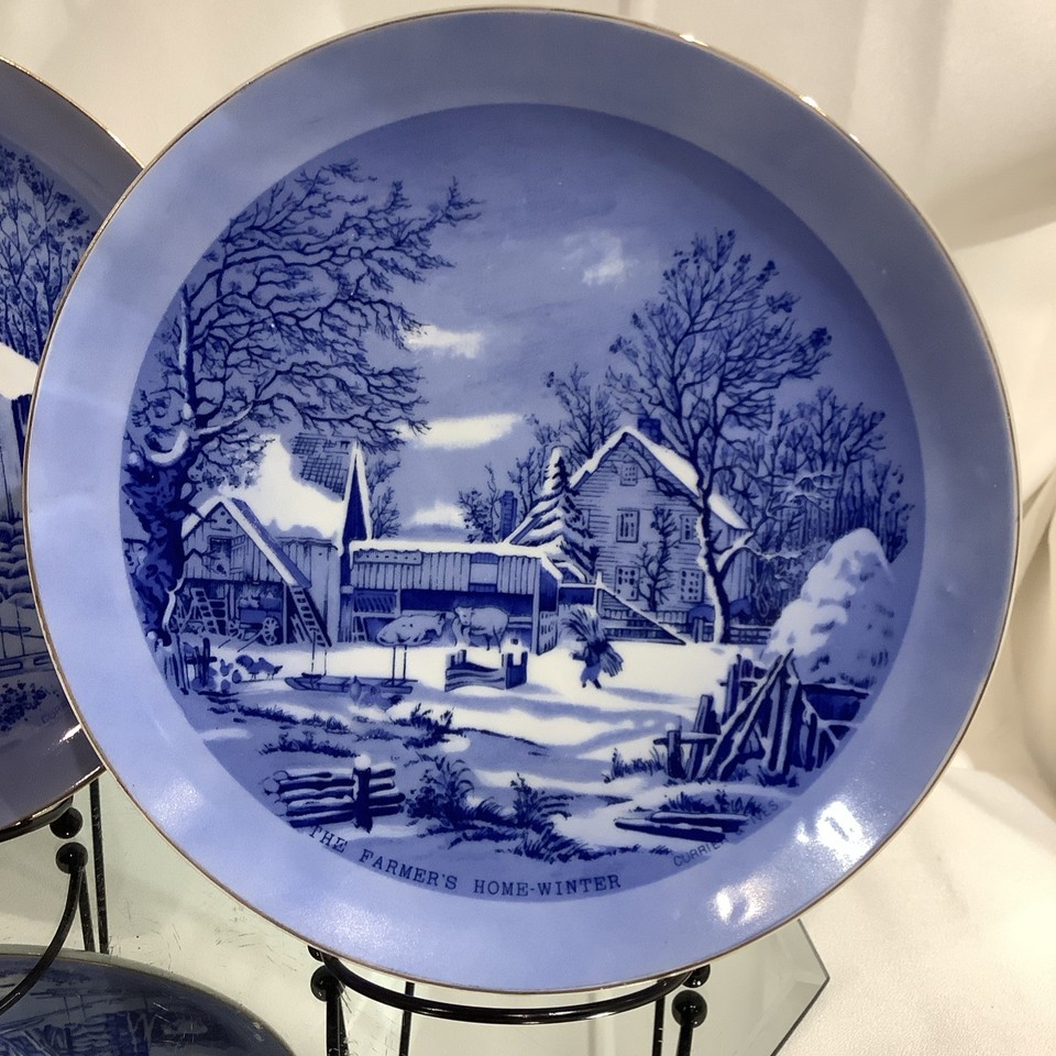 2 Pc Decorative Blue Ceramic Plate Winter Barn Currier Ives Style Wall ...