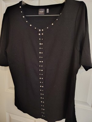 Rafaella Women s Black Solid Studded V-Neck Short Sleeve Knit Pullover Top XL