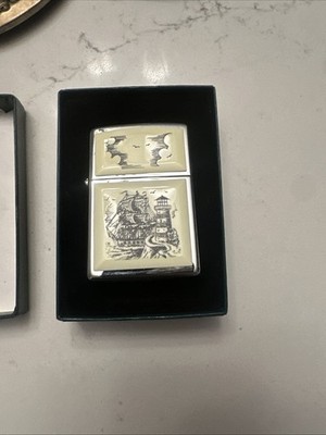 Vintage Zippo Lighter Scrimshaw Lighthouse Ship