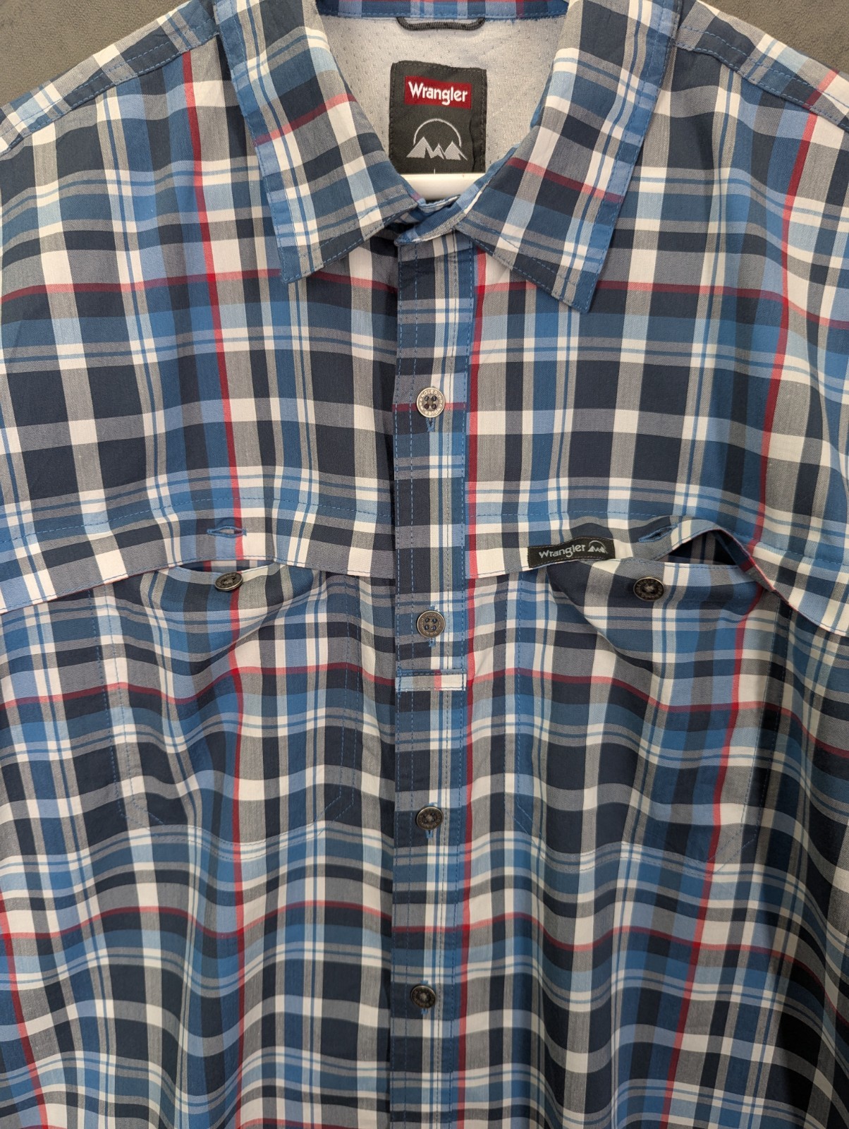 Wrangler Men's Outdoor Short Sleeve Utlity Camp Shirt Size Large Blue Check USA image 3