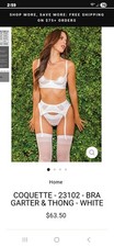 White Lace 3 Piece Lingerie Set. Bra, Thong And Garter. Size L By Coquette