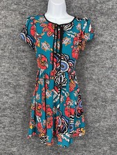 Express Dress Womens 0 Multicolor Floral Keyhole Short Puff Sleeve Fit & Flare