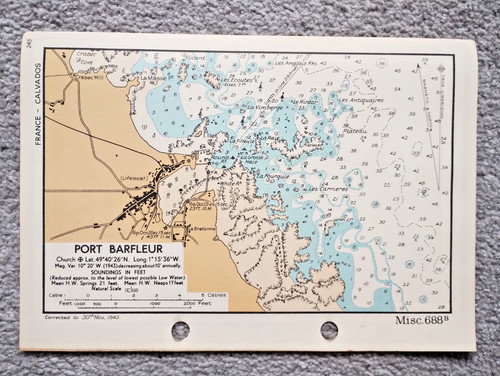 Port Barfleur, France - 1943 Vintage Admiralty Royal Navy Map