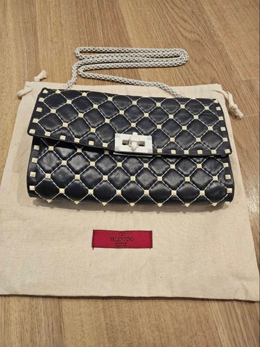 Valentino Rockstud Spike Chain Shoulder Bag Navy Leather Women's w/Dust Bag