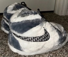 Fuzzy Plush Sneaker Slippers Gray White Lace-Up House Shoes Cozy Unisex Sz 4-11