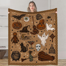 Halloween Throw Blanket Skull Pumpkin Face Throws 50"X60" Spooky Spider Webs Tri