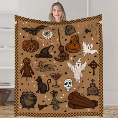 Halloween Throw Blanket Skull Pumpkin Face Throws 50''X60'' Spooky Spider Webs Tri
