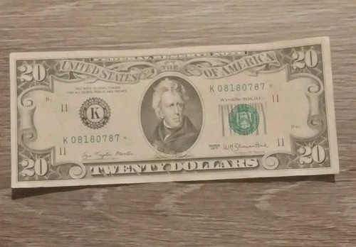 $20 1977 Dollar Bill Star Note Dallas Twenty Serial No. K08180787* Circulated - 第 1/2 張圖片