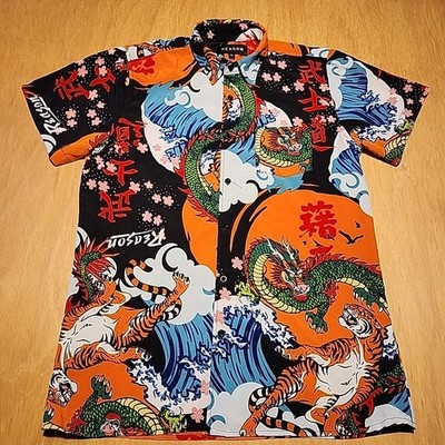 Reason Clothing Dragon & Tiger AOP Button-Up Shirt Sz Medium   Streetwear Japan