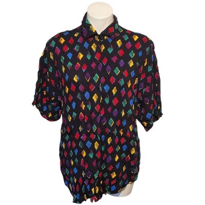 Vintage Laura Katherine Button Up Shirt Colorful Diamond Print Plus Size 20 W