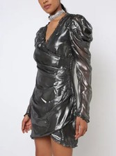 Glamorous Black Metallic Foil Bodycon Mini Dress UK 8 -Long Ruffle Sleeves -BNWT