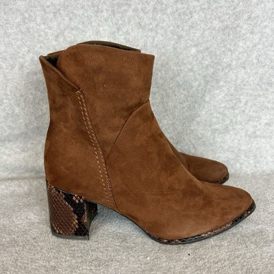 MARCO TOZZI Womens Brown Suede Leather Side Zip Booties Snake Heels SZ 37/6.5 M