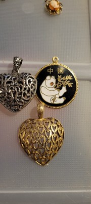 Lot Of 3 Different Unique Pendants, 2 Different Heart Shaped, And Circular Panda