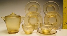 Akro Agate Childs Stippled Band Topaz Topaz 4 Plates, 2 Cups, 1 Saucer  Pitcher