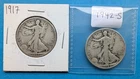 Walking Liberty Half Dollars, 1917-P & 1942-S, Lot of 2 90% Silver Coins