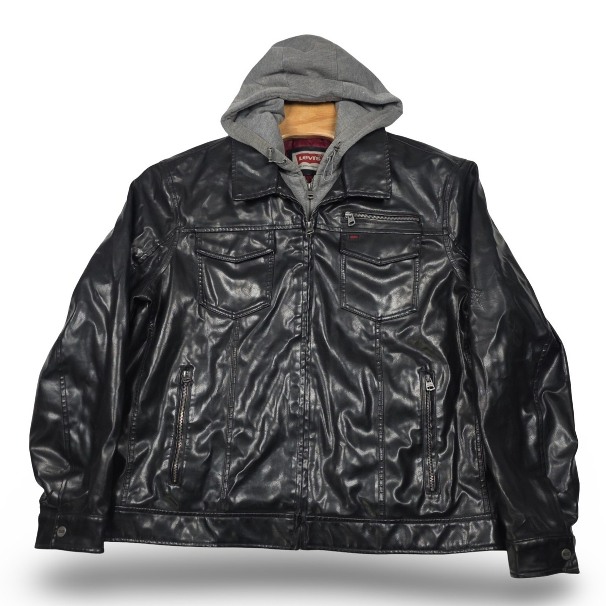 Levis Faux Leather Jacket Mens XXL Black Hooded Moto Coat Quilted