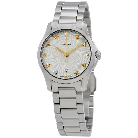 Gucci G-Timeless Silver Dial Gold Accent Women's Watch - YA126572