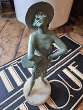 Old Antique Art Deco French Green Spelter Figure Lady Flapper Onyx Base 