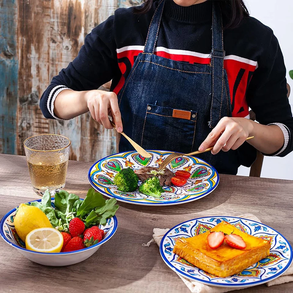 Juego de vajilla de melamina, 12 piezas platos de cena juegos de cuencos para interiores y exteriores... Foto 3 de 4