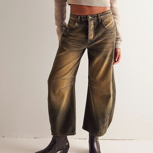 Women Wide Leg Mid Waist Jeans Cropped Mid Rise Barrel Denim Pants Loose Jeans # - Picture 5 of 28