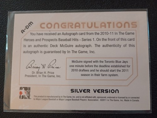 2011 In The Game Deck McGuire AUTOGRAPH Blue Jays - Picture 2 of 2