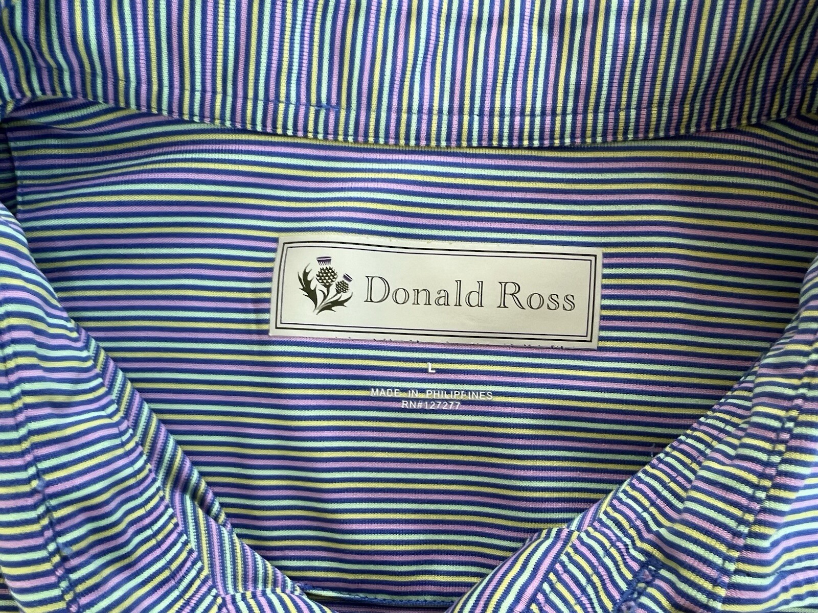 Donald Ross Multi Stripe SS Polo Golf Shirt Mens M Hackberry Creek Country Club