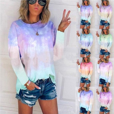 Ladies Casual Long Sleeve Tee Blouse Women's Gradient Tie Dye Loose Tops T-Shirt