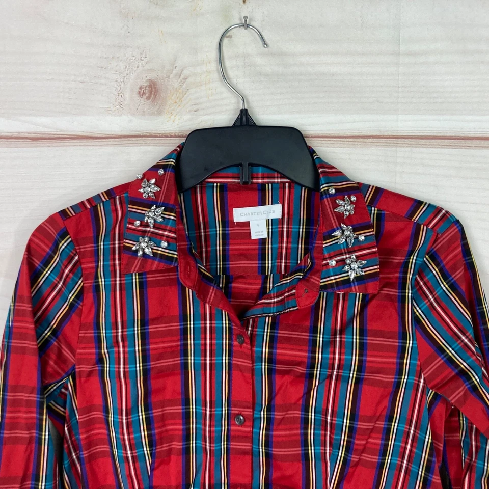Camiseta Charter Club para mujer 6 roja tartán escocesa cuello abotonado estrás Foto 2 de 4
