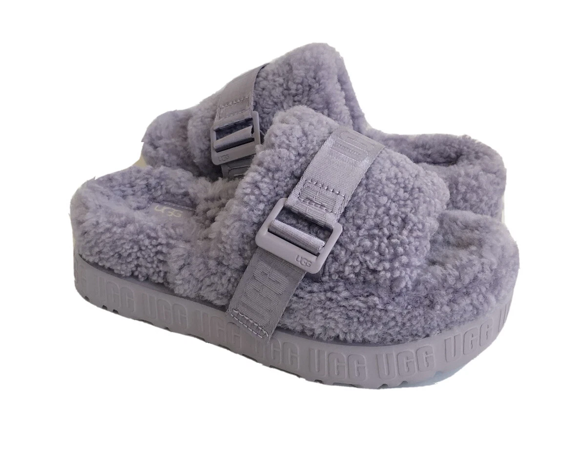 SANDALI UGG FLUFFITA SLIDE JUNE GLOOM SHEARLING PLATEAU US 8 EU 39 REGNO UK 6