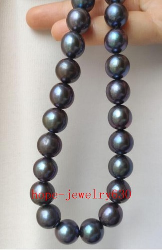 18" HUGE AAAA+ 15mm real natural south sea black round pearl necklace 14k gold - Picture 3 of 7