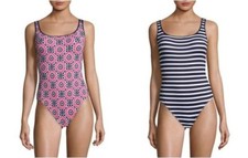 TOMMY BAHAMA 6, 14 Pink/Navy Geometric/Stripe Reversible Swimsuit NWT 178