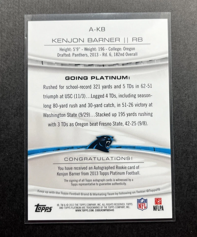 2013 Topps Platinum Autographs Refractors #A-KB Kenjon Barner Auto Rookie RC - Image 4 of 4