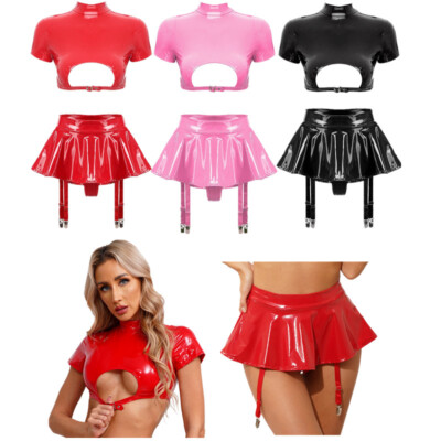 Womens Lingerie Set Wet Look Patent Leather Festival Crop Top With Skirt Raves