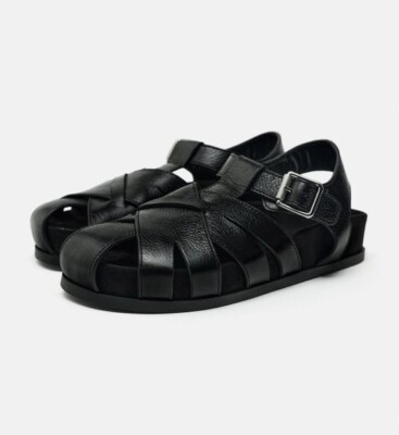 NWT ZARA Woman Leather Fisherman Flat Sandals Black 1546