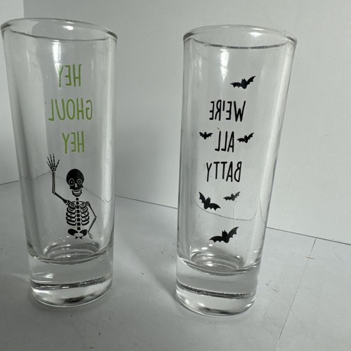 Halloween Tall Shot Glasses We’re All Batty,Hey Ghoul Hey Set Of 2 NEW! - Picture 3 of 8