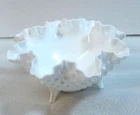 Vintage Fenton Milk Glass Hobnail 3 Footed Ruffled Candy Dish Bowl 8 x 3 3/4”