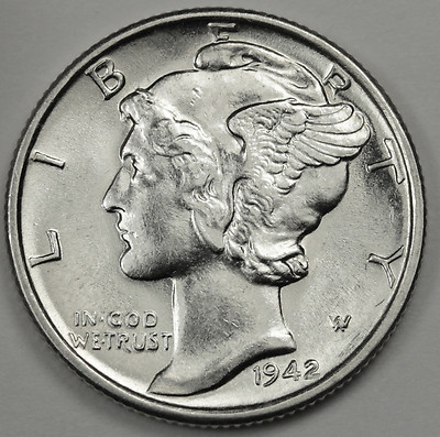 1942-s Mercury Dime. 100% Full Separated Horizontal Bands.Choice BU(Inventory B)