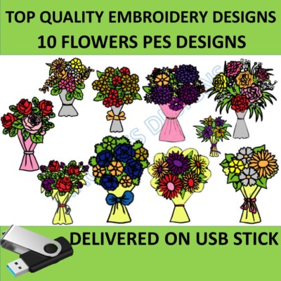 Blumen in Vase PES Stickmotive auf USB 10 Stickdatei Rosen Pes Love