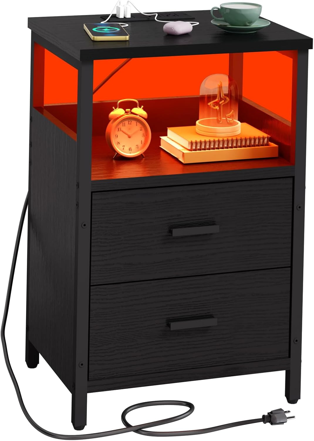 LED Nightstand with Charging Station, Side Table with USB Ports and Outlets, End