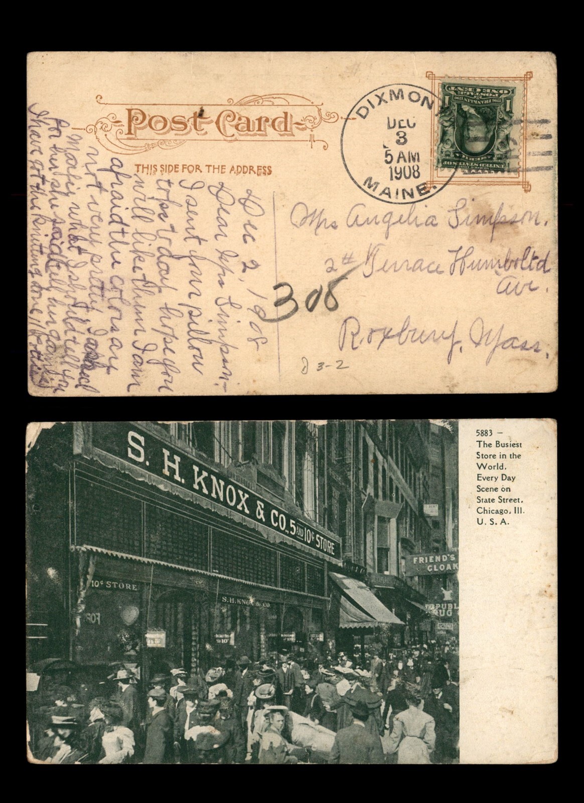 MayfairStamps US 1908 Maine Dixmont to Roxbury MA State Street Chicago