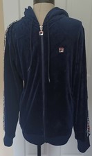Vintage Retro Fila Blue Velour Track Jacket Hoodie Spellout Women's Medium