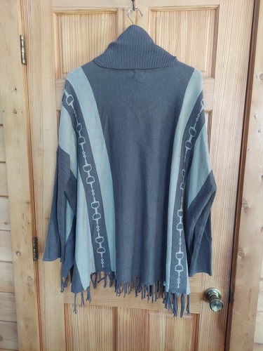 Poncho maglione girocollo Eql Kerrits nuovo con etichette L/XL verde grigio frange Lagenlook cavallo - Foto 8 di 10